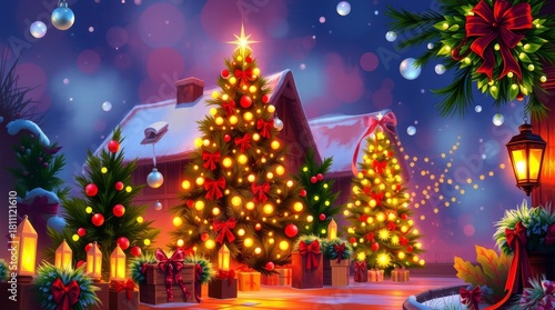 Festive winter scene: An enchanting, illuminated, and magical Christmas scene. The photo shows the spirit of the Christmas.