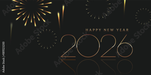 Happy New Year 2026 Golden letter with fireworks. Vector illustration.