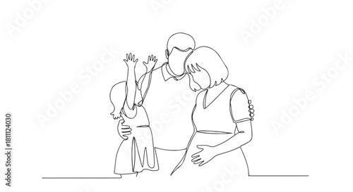 Elegant single continuous line illustration capturing a tender family moment, showcasing a pregnant woman, her partner, and their child's loving embrace