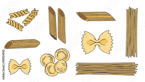 A delightful collection of hand-drawn dry pasta varieties, showcasing classic shapes like fusilli, penne, and farfalle