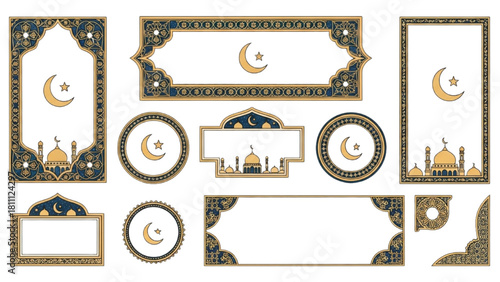 Collection of Islamic Frames and Borders with Crescent Moon and Star Motifs