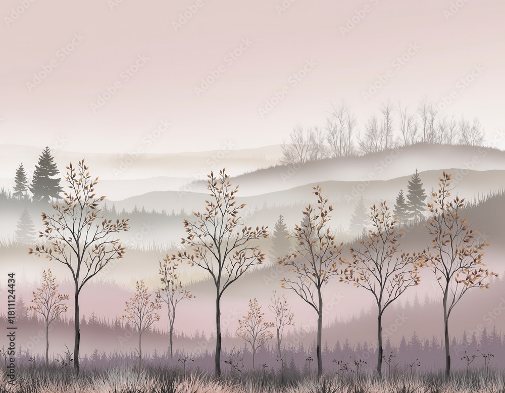 Obraz premium Dreamy misty forest landscape with slender deciduous trees and mountains, soft pastel sunset tones, serene nature scene, atmospheric wilderness wall mural background for interior home decor