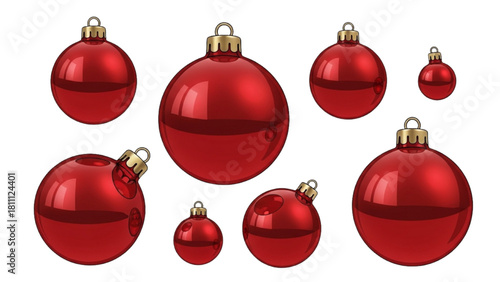 Vibrant and glossy red baubles with golden caps, ideal for festive holiday season decoration
