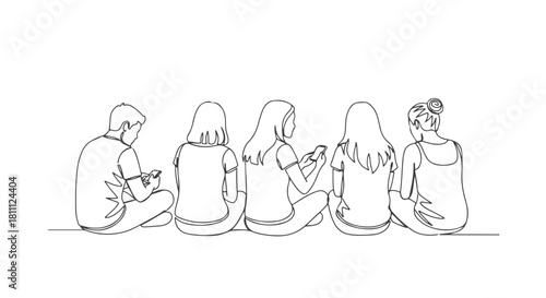 Continuous single line drawing of a group of five people sitting down and using their mobile phones, from behind
