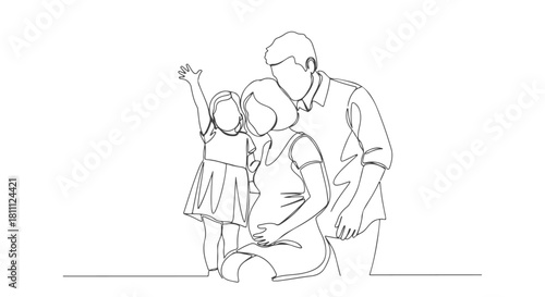 Minimalist single continuous line art illustration of a loving family pregnant mother, father, and joyful child, symbolizing new beginnings and growth