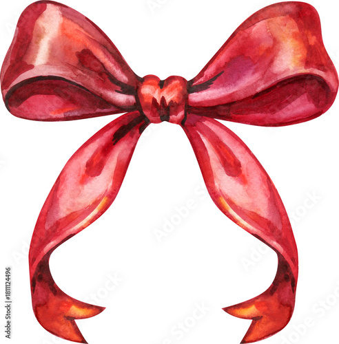 Charming red watercolor bow painted with soft artistic strokes. Ideal for gift-themed designs, festive cards, holiday decor, crafting projects, invitation embellishments, and elegant decorative compos