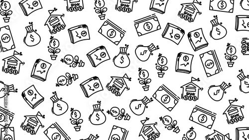 Hand Drawn Finance Doodle Pattern with Money Bank and Investment Icons