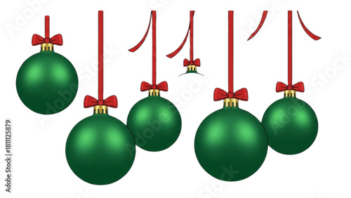 Festive Green Christmas Ornaments with Red Ribbons Hanging - Holiday Decoration