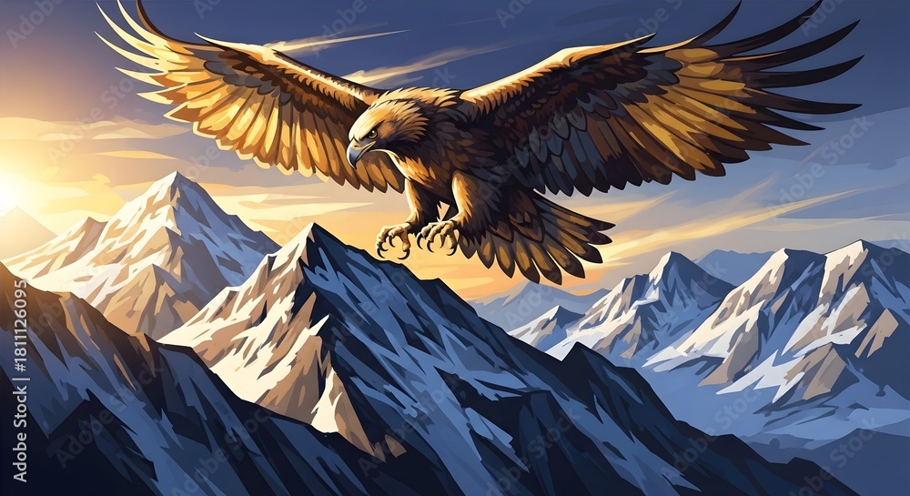 Obraz premium Majestic golden eagle soaring above snow-capped mountains at sunrise, freedom and wild nature concept.