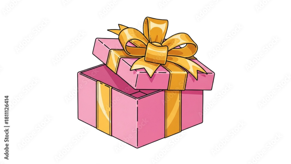 Obraz premium Vibrant pink gift box illustration with a golden ribbon, lid ajar, symbolizing surprise, generosity, and festive celebrations