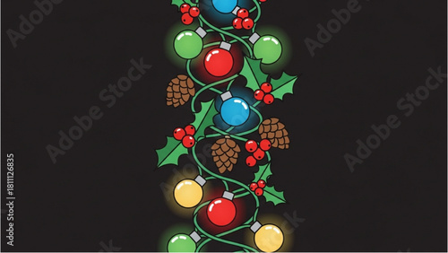 Holiday String Lights with Pine Cones and Holly Decoration