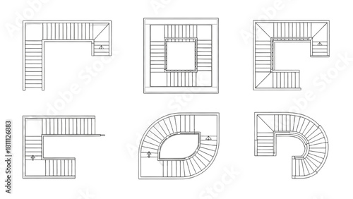 Collection of different staircase layouts in architectural plan view
