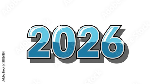 Year 2026 Calendar Graphic with Bold Blue Text and Shadow Effect