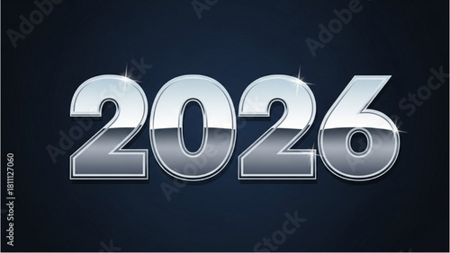 Elegant text for the year 2026 featuring a shiny silver metallic effect on a dark blue background