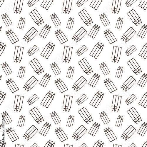 line art pattern of three colored pencils standing upright. From left to right, they are pink, yellow, and teal, each with a sharpened tip and a light beige section near the point