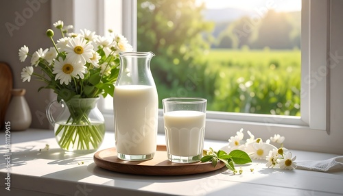 Fototapeta Naklejka Na Ścianę i Meble -  A sunlit windowsill displays a glass and a carafe of opaque white liquid. Beside them, daisies bloom. The background reveals a green meadow