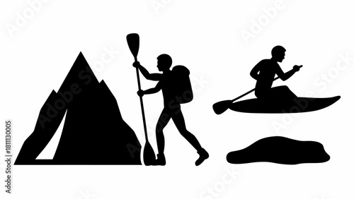 Adventurous spirit personified in this silhouette of a hiker by a mountain and a kayaker on the water, perfect for the outdoor enthusiast