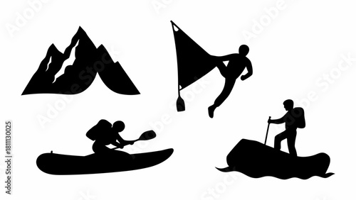 Inspiring outdoor adventures illustration, featuring mountain climbing, rafting, kayaking, and sailing for a life full of excitement and exploration