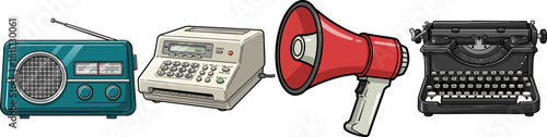 Vintage communication devices collection with radio fax megaphone and typewriter