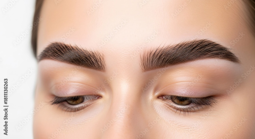 Fototapeta premium Woman with perfect eyebrows after lamination. Eyebrow shaping and microblading concept. Eye brow care, cosmetology, beauty salon treatment theme.