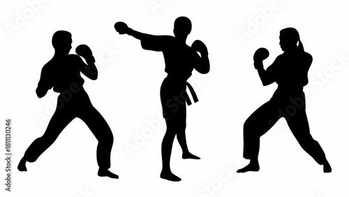 Dynamic silhouettes of martial artists training, showcasing strength, discipline, and focus, perfect for fitness, sports, or self-defense themed projects