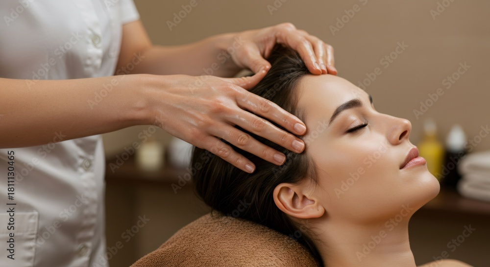 Fototapeta premium Woman receiving head massage at spa. Relaxation treatment with oil. Health wellness and beauty concept. Hair care and scalp therapy.