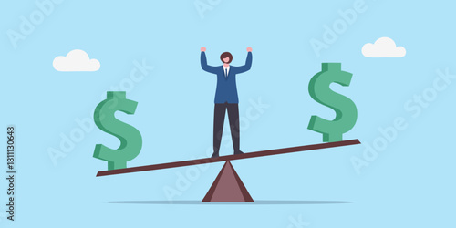 Business balance man balancing on a seesaw with dollar signs