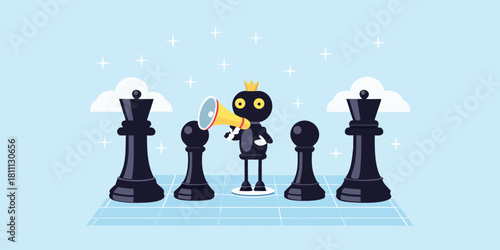 Chess piece character with megaphone leading pawns and queens on board