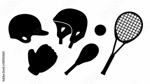 Sporting goods and equipment silhouettes for athletic teams and events, including helmets, mitts, and rackets, suitable for team logos and promotional materials