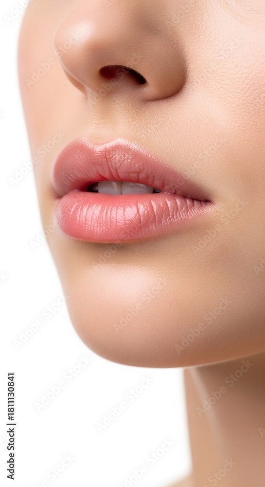 Obraz premium Female lips with natural pink lipstick or lip gloss on a woman, showcasing beauty, youth, and healthy skin for a cosmetology concept.