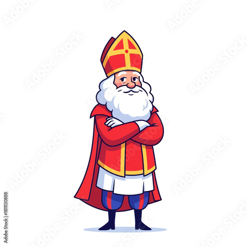 Saint Nicholas character illustration, a festive figure dressed in traditional red and white religious attire with a prominent beard, arms crossed
