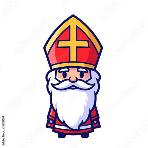 Cute cartoon illustration of Sinterklaas with a red mitre and white beard, standing against a white background.