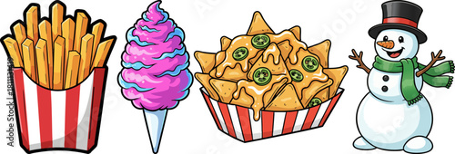 Collection of fast food and festive snowman cartoon art