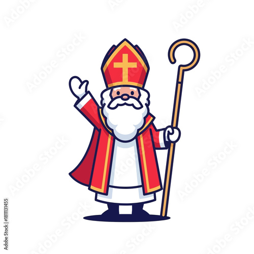 Saint Nicholas waving with a shepherd's crook, religious figure illustration