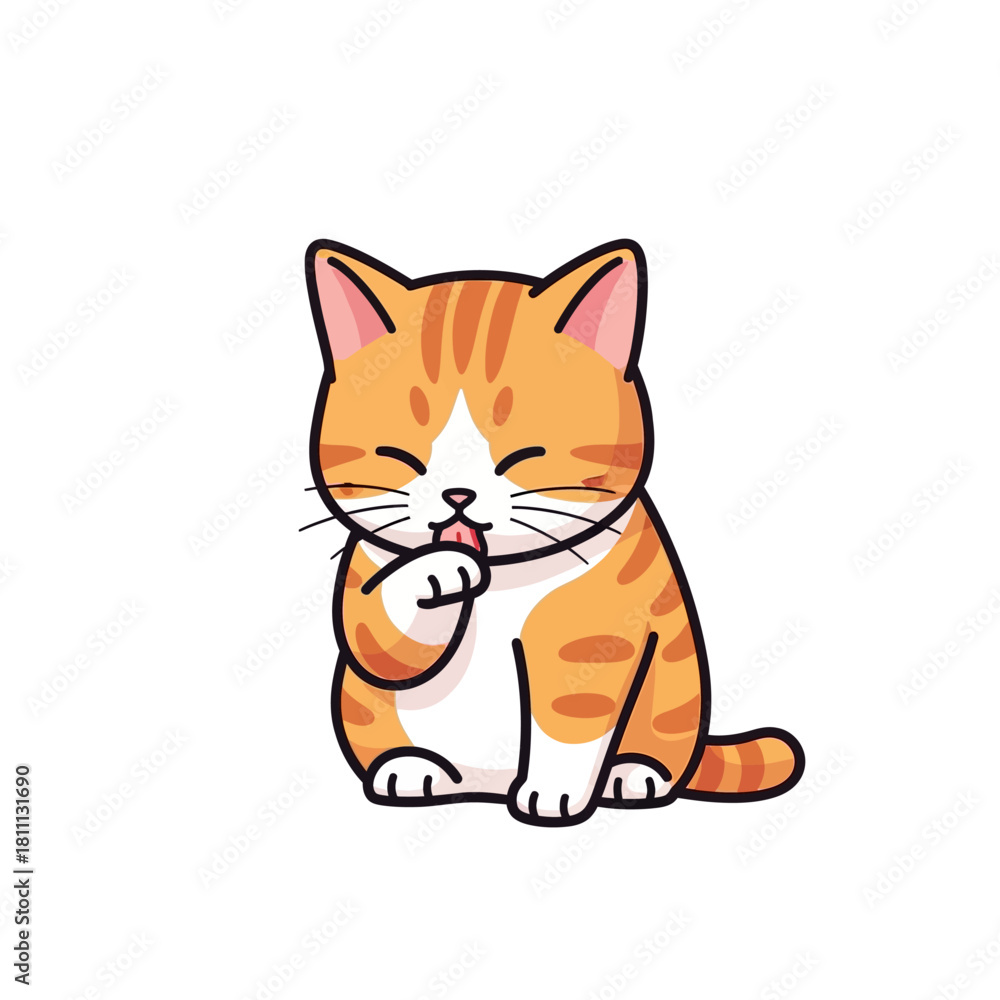 Fototapeta premium Adorable orange tabby kitten licking its paw with eyes closed, a cute and charming illustration
