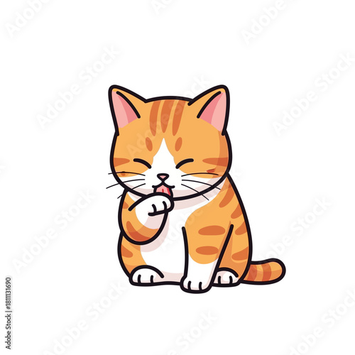 Adorable orange tabby kitten licking its paw with eyes closed, a cute and charming illustration