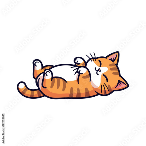 A cute cartoon orange tabby cat sleeping peacefully on its back with paws curled up.