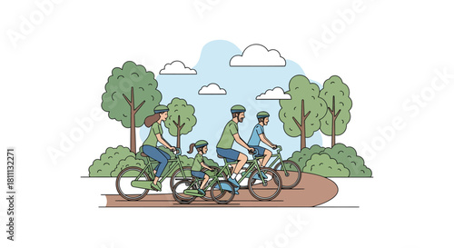 Joyful family cycling adventure through scenic park, embracing healthy outdoor recreation and creating cherished memories together