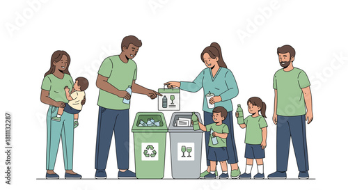 Inspiring families confidently embracing sustainable living by recycling plastic and glass bottles together for a healthier planet.