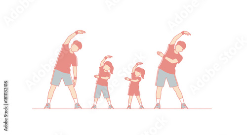 Energetic family embracing healthy lifestyle with fun stretching exercises together outdoors, promoting wellness and togetherness.