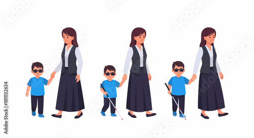 Cartoon illustration of a woman holding hands with a visually impaired boy, showing different stages of his use of a white cane.