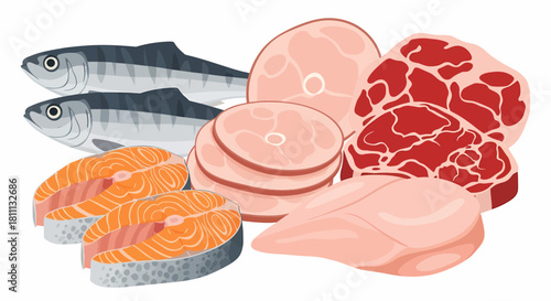 Illustration of various types of meat and fish.