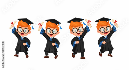 Four cartoon graduates, each with red hair, glasses, and a diploma, celebrating their achievement.