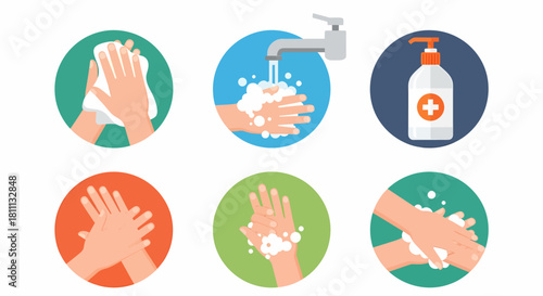 Illustrations showing the steps of proper hand washing for hygiene and health.