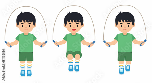 Vector illustration showing the sequence of a young boy in a green shirt and shorts jumping with a skipping rope.