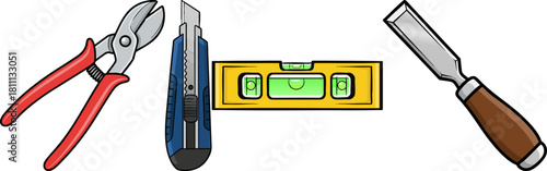 Construction Tools Cutters Level and Chisel Isolated Vector Art