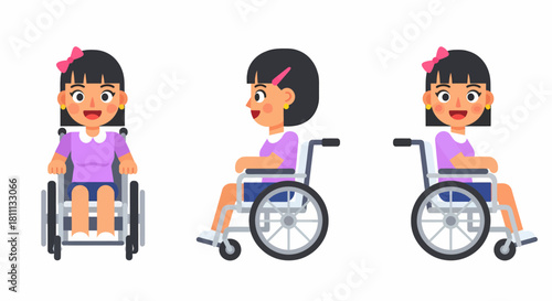 Illustration of a girl in a wheelchair from different angles.