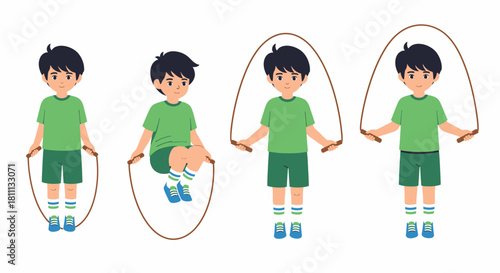 Boy jumping rope in different stages of the jump.