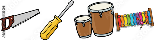 Collection of tools and musical instruments isolated on white