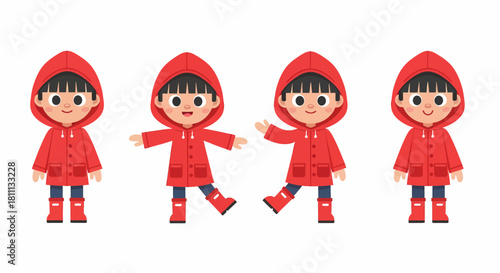 Set of a cute cartoon child character wearing a red raincoat and boots in different poses.